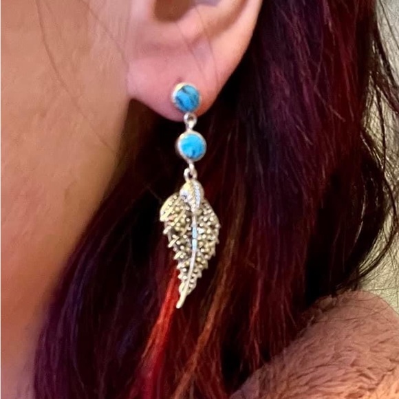 Sterling Silver Turquoise and Marcasite Leaf Dangle Earrings - Picture 4 of 4